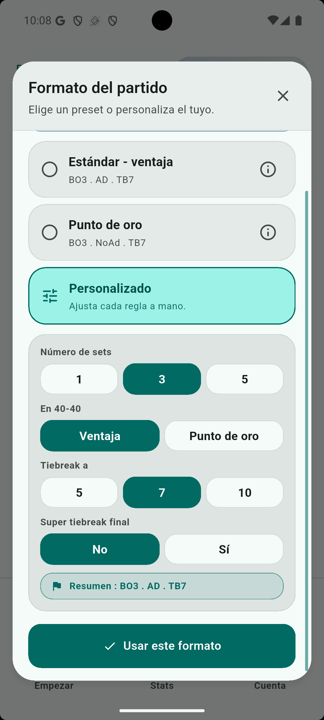 Formato del partido